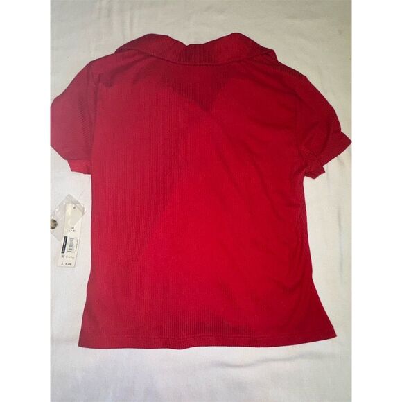 No Boundaries Red Ruched Front Ribbed Button-Up Short Sleeve Shirt Size M - Picture 4 of 4